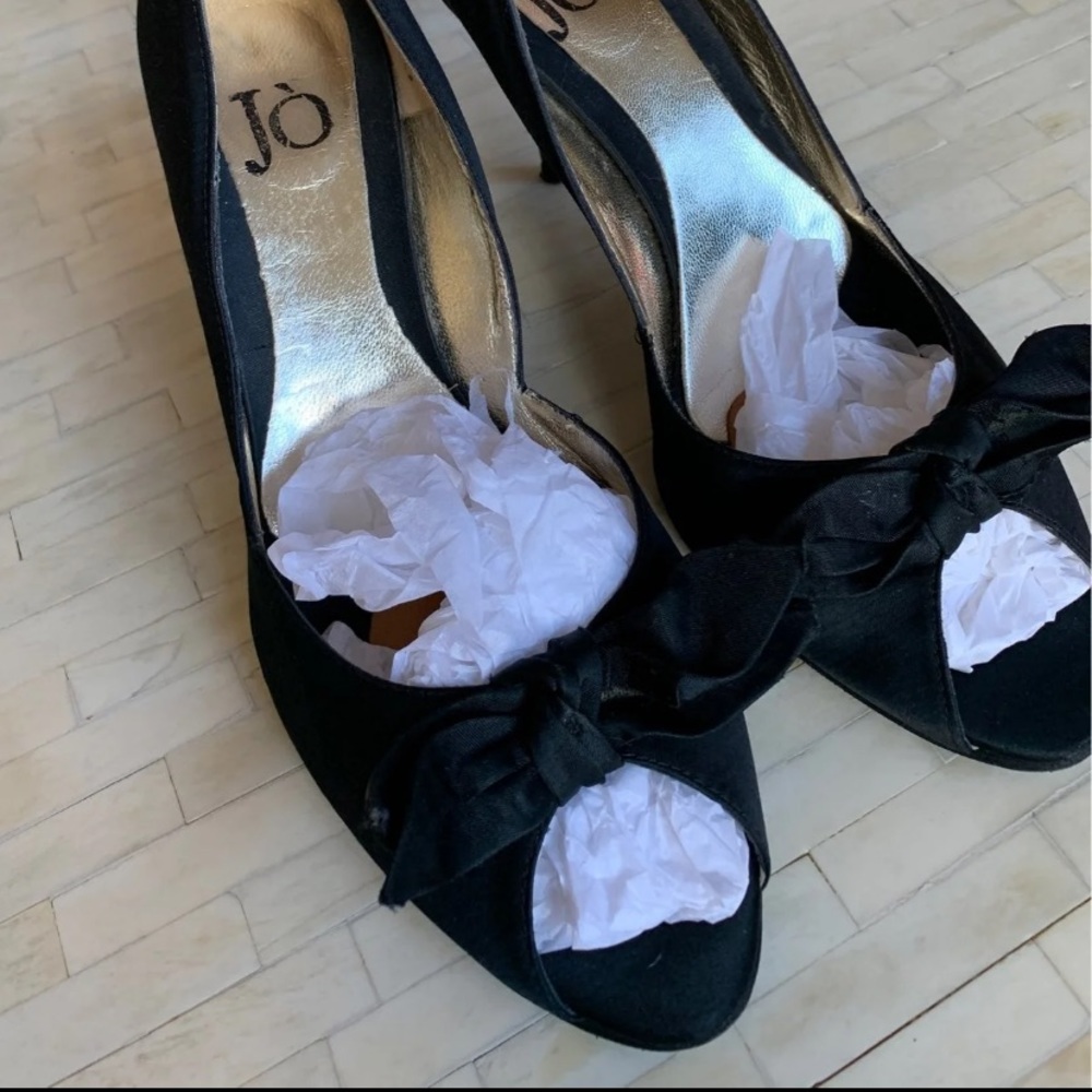 Black satin peep-toe bow stilettos
